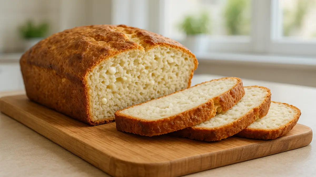 Freshly sliced cottage cheese bread on wooden board
