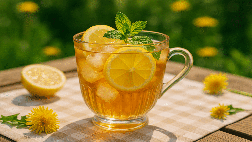 fresh dandelion tea recipe served hot with yellow flowers