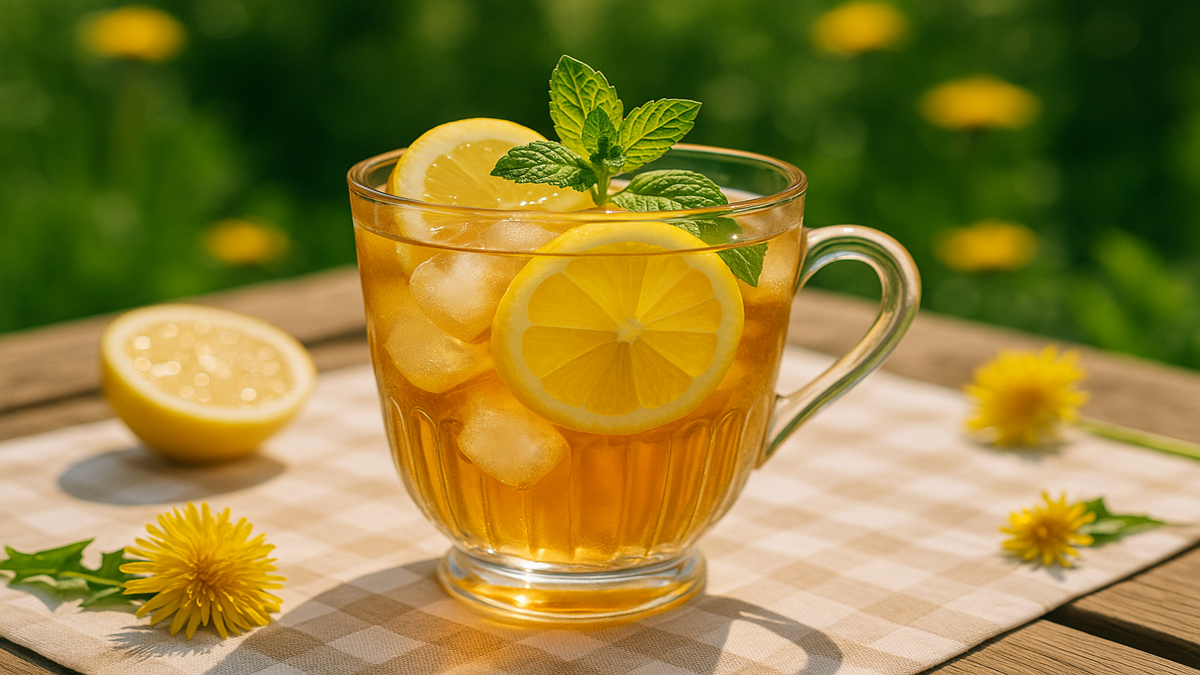 fresh dandelion tea recipe served hot with yellow flowers