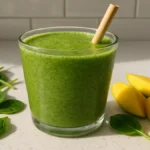 detox island green smoothie in a glass with spinach and mango