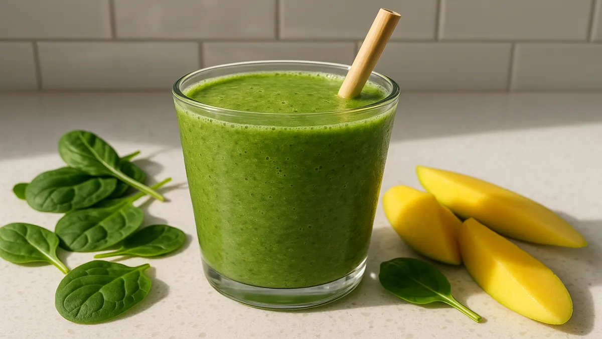 detox island green smoothie in a glass with spinach and mango