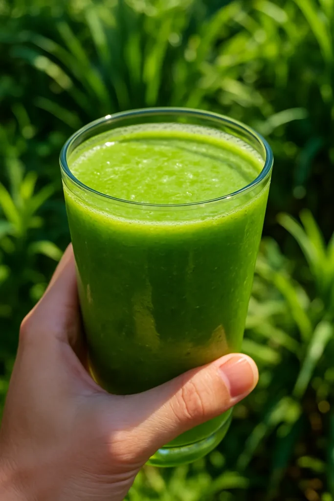 Detox Island Green Smoothie: A Sip of Fresh Starts and Flavor 7 person holding detox island green smoothie outdoors