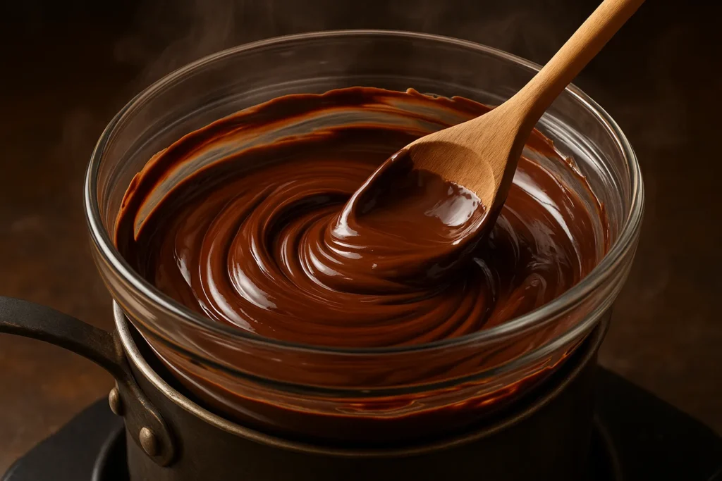 Dubai Chocolate Bar: The Ultimate Sweet Obsession Unwrapped 8 Melting dark chocolate for Dubai chocolate bar