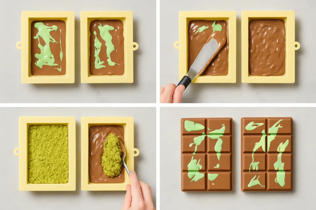 Dubai Chocolate Bar: The Ultimate Sweet Obsession Unwrapped 9 Pouring chocolate into molds for Dubai bar