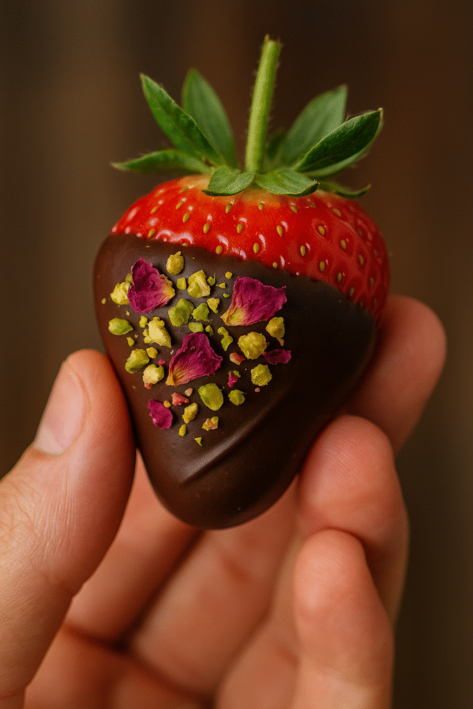 Dubai Chocolate Strawberries: The 10 Best Reasons to Try This Decadent Treat 12 Handheld Dubai chocolate strawberry with rose petals