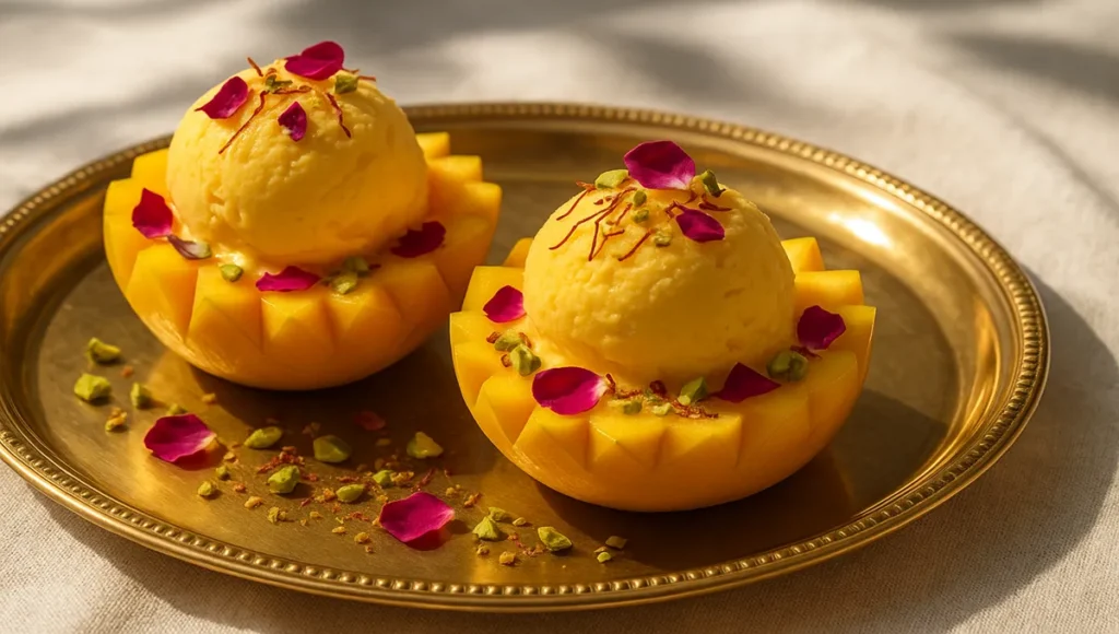 Fumang propitious mango ice cream served in mango halves