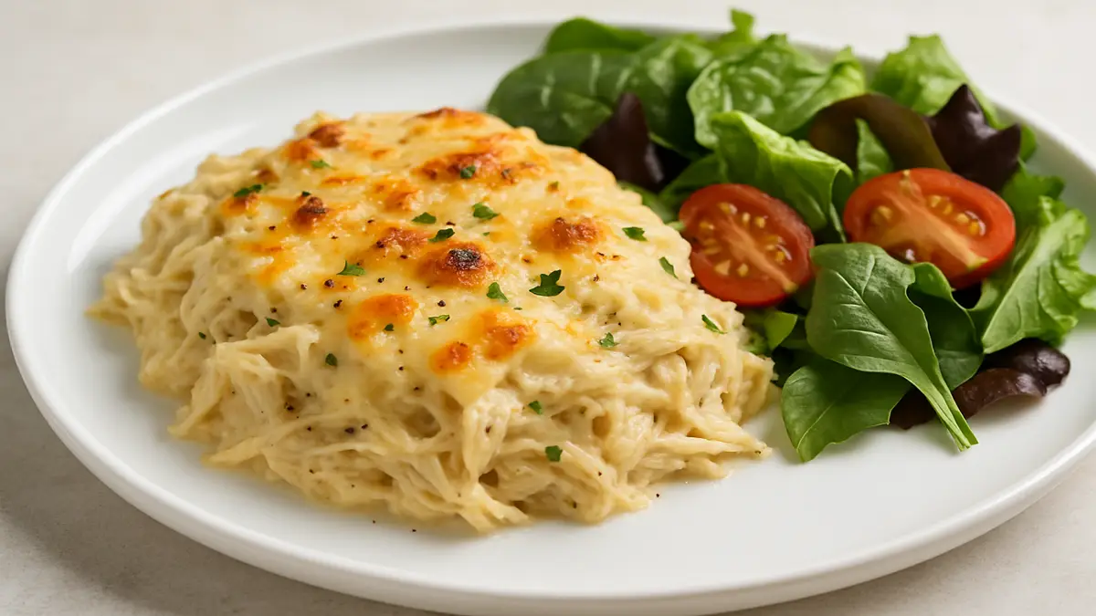 Served low carb chicken alfredo bake on a plate