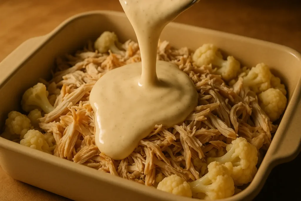 Low Carb Chicken Alfredo Bake: A Delicious Keto-Friendly Comfort Dish 7 Pouring sauce on low carb chicken alfredo bake