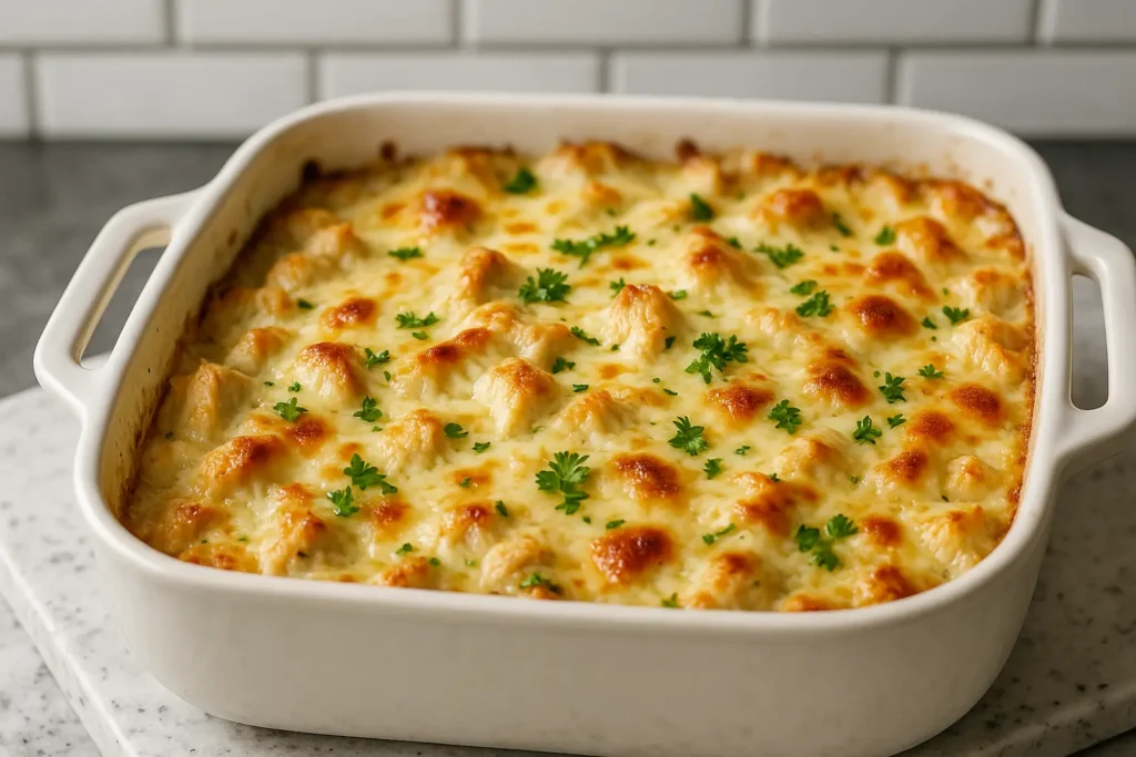 Low Carb Chicken Alfredo Bake: A Delicious Keto-Friendly Comfort Dish 8 Freshly baked low carb chicken alfredo bake in casserole