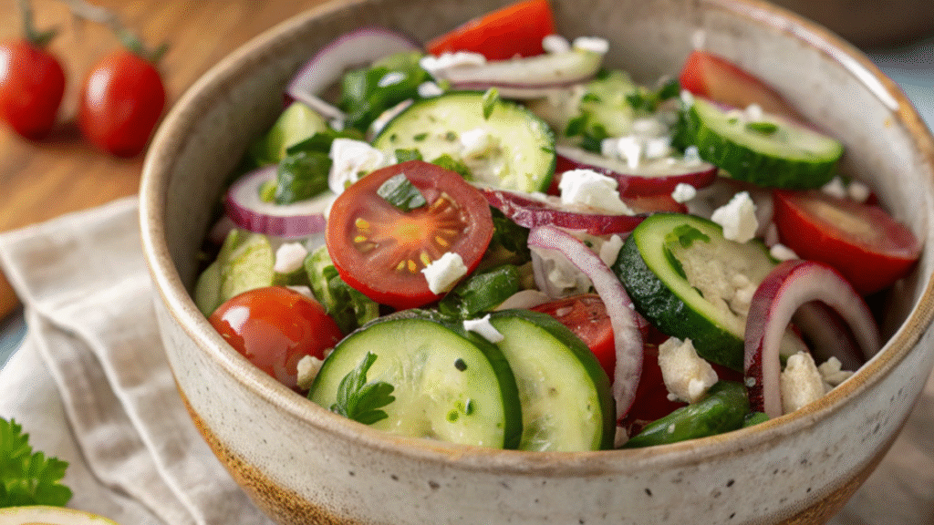 Mediterranean cucumber salad with cucumbers, tomatoes, feta, and lemon