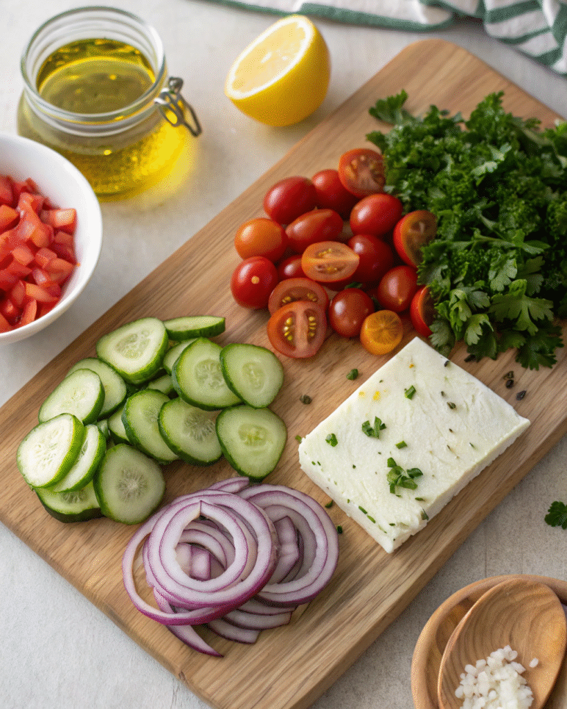 Mediterranean Cucumber Salad: The Ultimate Fresh and Flavorful Recipe Guide 7 Mediterranean cucumber salad ingredients prepared on a wooden board