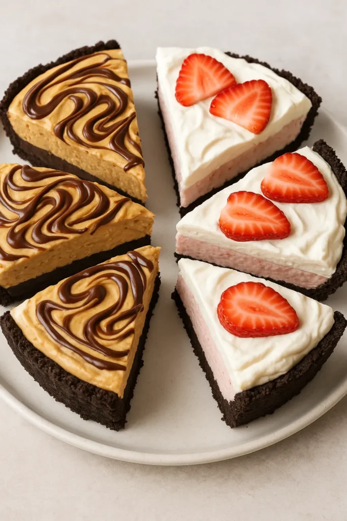 Rock Bottom Pie: The Best No-Bake Comfort Dessert Ever 10 Rock Bottom Pie flavor variations on platter