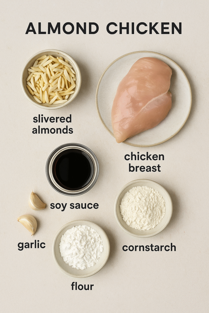Almond Chicken: The Ultimate Guide to a Crunchy, Comforting Favorite 8 almond chicken ingredients prep flat lay