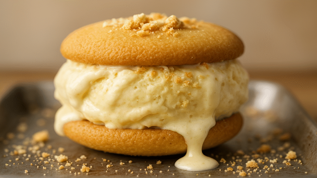 Banana pudding ice cream sandwich with vanilla wafers