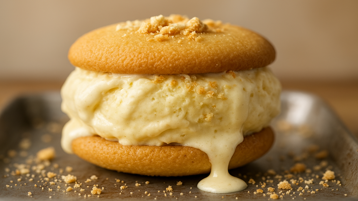 Banana pudding ice cream sandwich with vanilla wafers