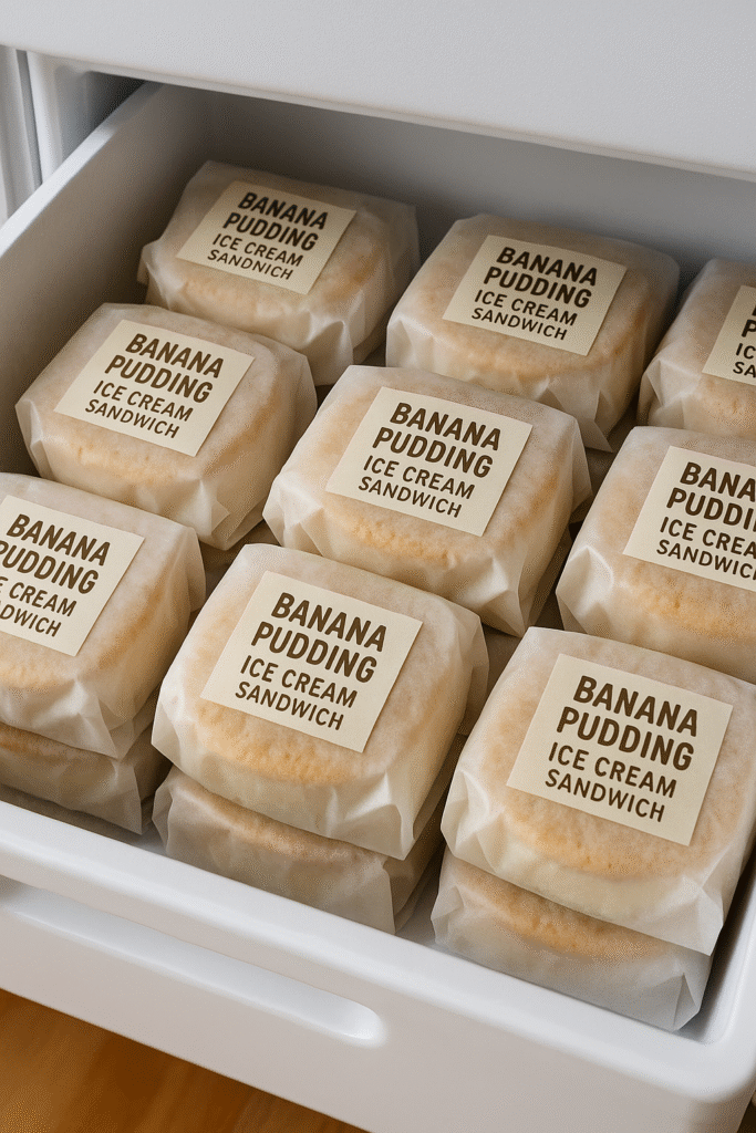 Banana Pudding Ice Cream Sandwich: The Best Frozen Treat You'll Love 12 Banana pudding ice cream sandwiches stored for later