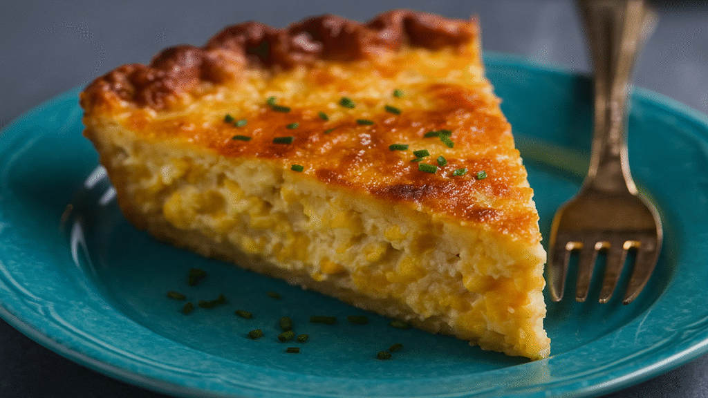 Cheddar corn pie in ceramic dish with golden crust and melted cheese