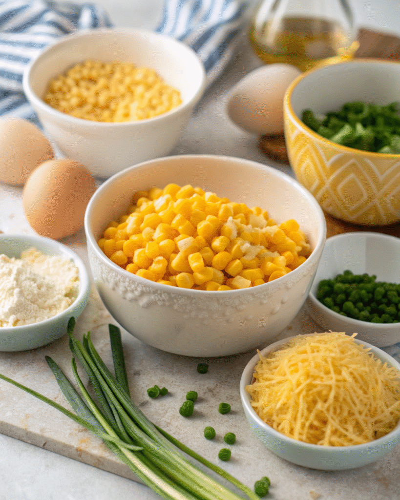 Cheddar Corn Pie: The Best Savory Pie That Blends Comfort and Flavor Perfectly 7 Ingredients for cheddar corn pie including corn, cheddar, and chives