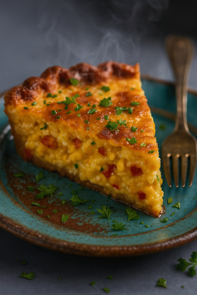 Cheddar Corn Pie: The Best Savory Pie That Blends Comfort and Flavor Perfectly 8 Cheddar corn pie slice with jalapeños and peppers