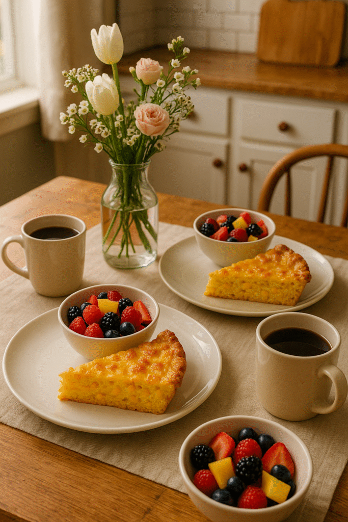 Cheddar Corn Pie: The Best Savory Pie That Blends Comfort and Flavor Perfectly 10 Brunch table with cheddar corn pie slices and fruit