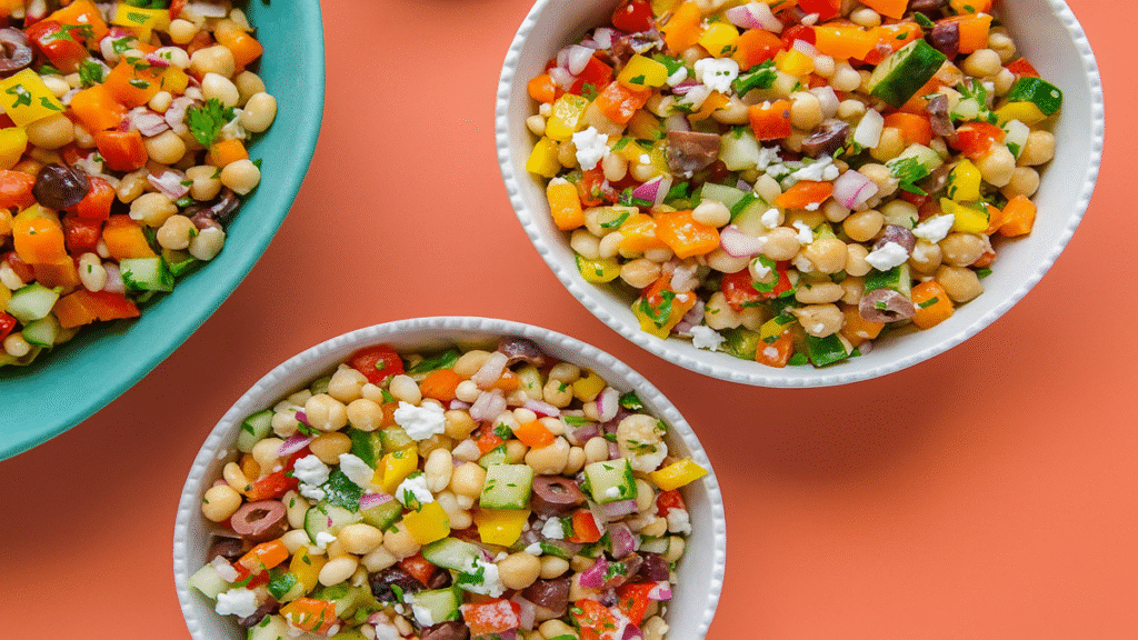 Ingredients for a dense bean salad in individual bowls