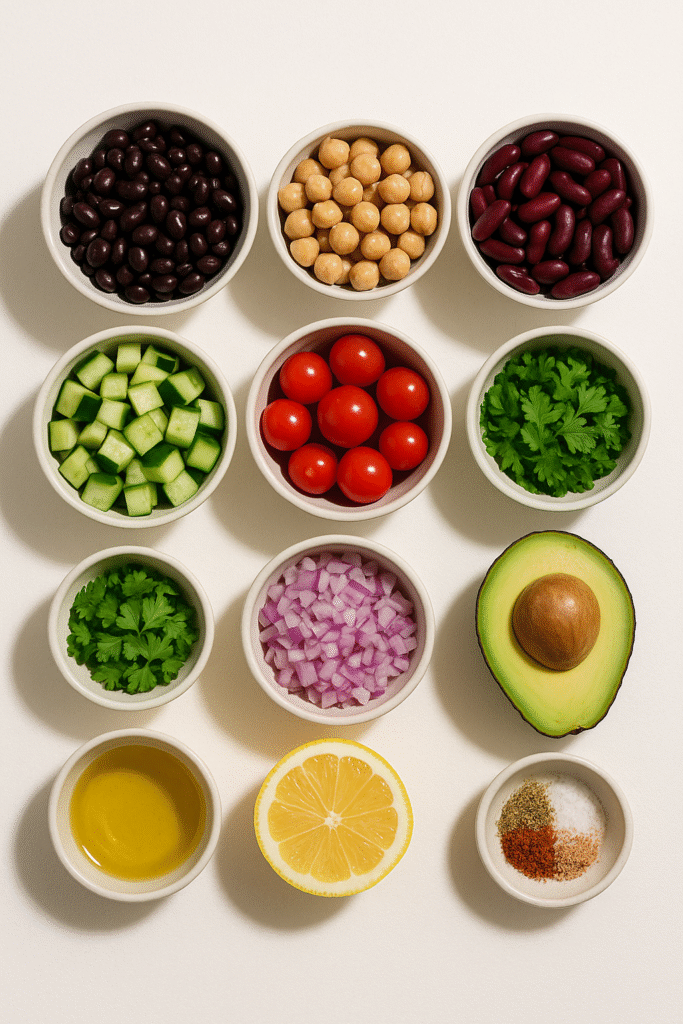 Dense Bean Salad: The Ultimate Protein-Packed Meal 8 Ingredients for a dense bean salad in individual bowls