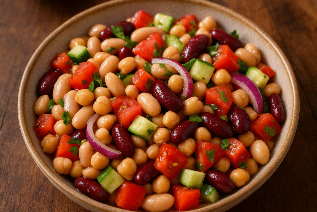 Dense Bean Salad: The Ultimate Protein-Packed Meal 12 Colorful dense bean salad in white bowl with fresh vegetables