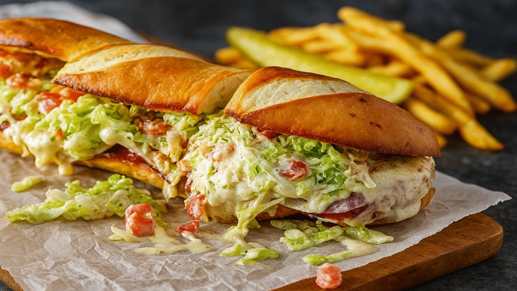 Grinder sandwich with melted provolone and fresh toppings