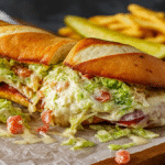 Grinder sandwich with melted provolone and fresh toppings