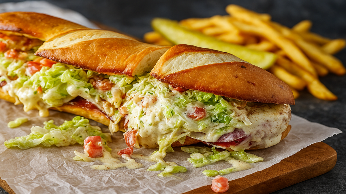 Grinder sandwich with melted provolone and fresh toppings