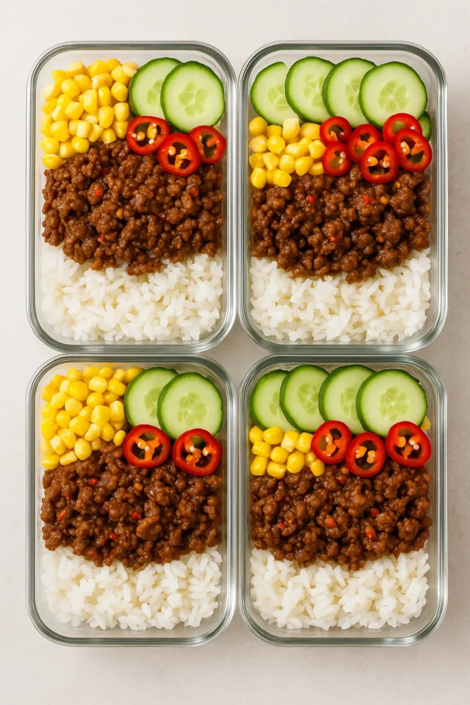 Hot Honey Beef Bowl: The Best Viral Dinner That Packs Bold Flavor 12 Prepped hot honey beef bowls in glass
