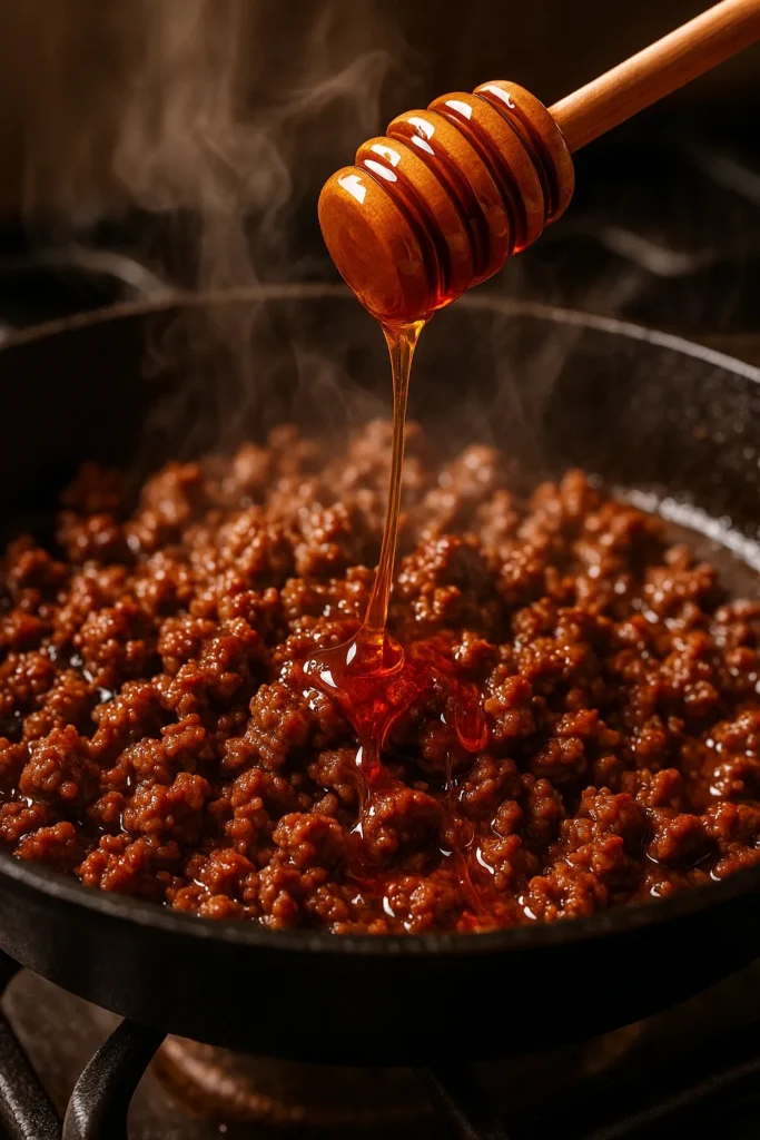Hot Honey Beef Bowl: The Best Viral Dinner That Packs Bold Flavor 9 Hot honey being added to sizzling beef