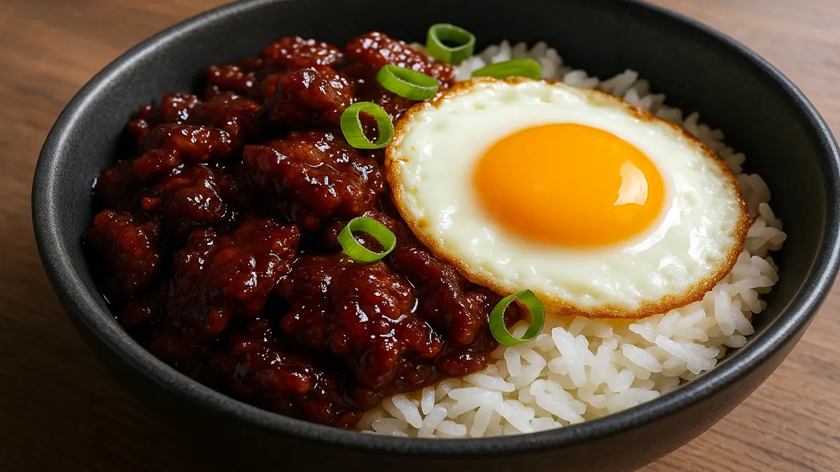 Hot honey beef bowl with egg and rice