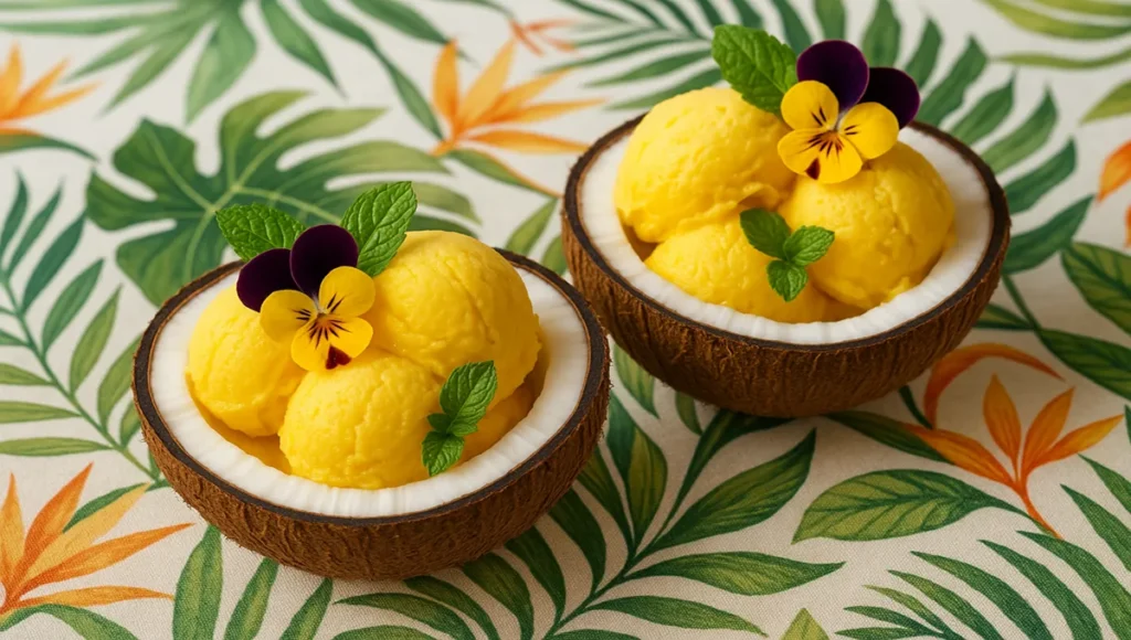 mango propitious ice cream served in coconut shells with mint and flowers