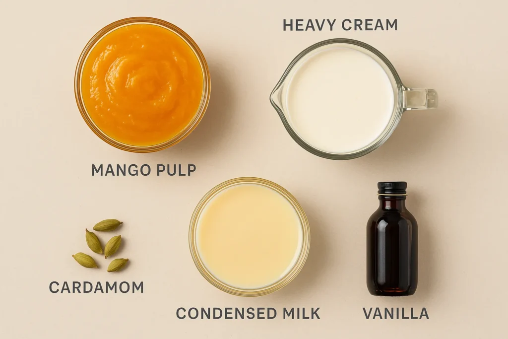Mango Propitious Ice Cream: The Ultimate Tropical Dessert You Need to Try 6 Ingredients for mango propitious ice cream displayed flat on a table