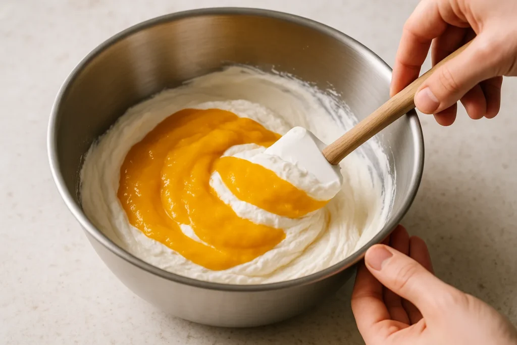 Mango Propitious Ice Cream: The Ultimate Tropical Dessert You Need to Try 7 Folding mango puree into whipped cream for mango propitious ice cream