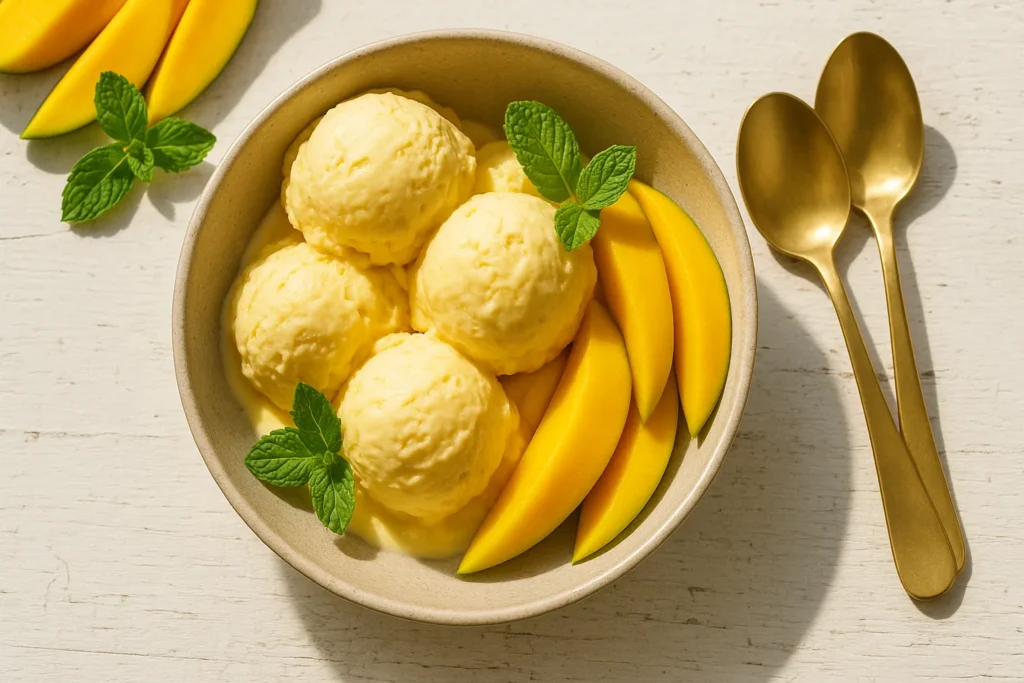 Mango Propitious Ice Cream: The Ultimate Tropical Dessert You Need to Try 8 mango propitious ice cream in a bowl with fresh mango and mint