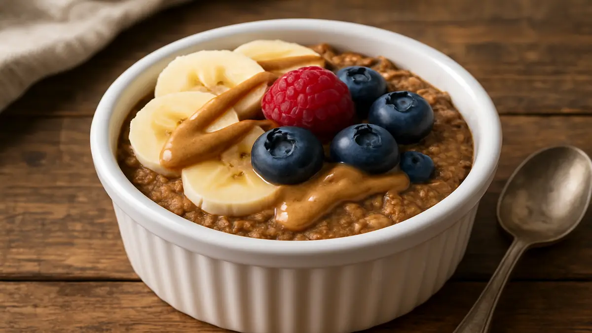 protein baked oats in ceramic ramekin with fresh toppings