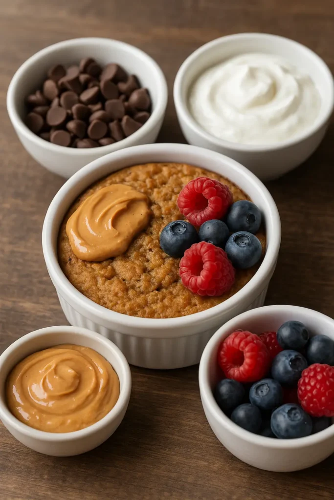 Protein Baked Oats That’ll Make You Jump Out of Bed 10 toppings for protein baked oats on a breakfast table