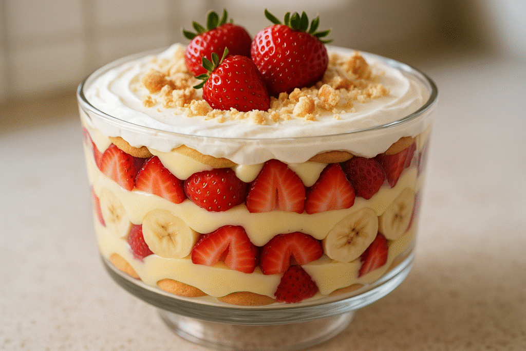 Strawberry Banana Pudding: The Ultimate Creamy Dessert Everyone Loves 13 Homemade strawberry banana pudding in a trifle bowl with fresh fruit