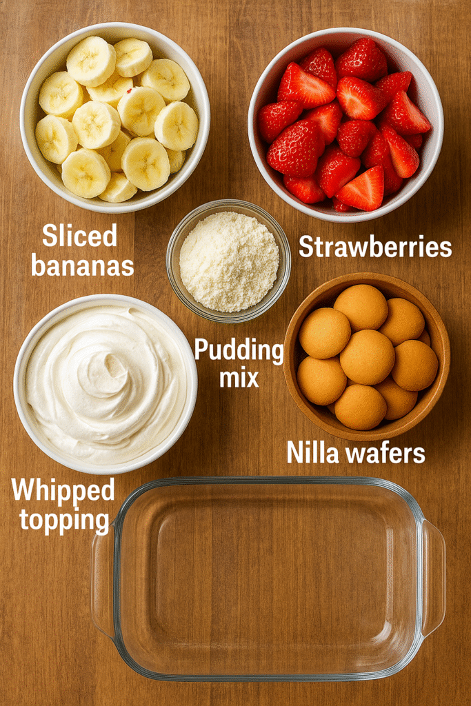 Strawberry Banana Pudding: The Ultimate Creamy Dessert Everyone Loves 9 Ingredients for making strawberry banana pudding on a counter