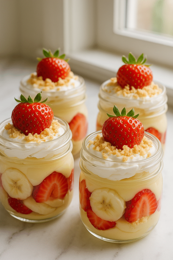 Strawberry Banana Pudding: The Ultimate Creamy Dessert Everyone Loves 10 Individual jars of strawberry banana pudding with layered fruit