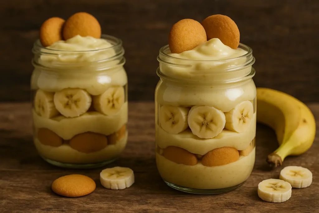 The Best Vegan Banana Pudding Recipe (Dairy-Free & Delicious) 6 Layered vegan banana pudding in jars