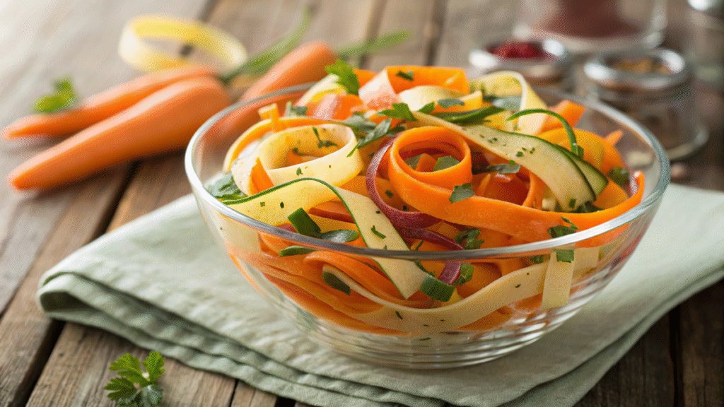 Colorful carrot ribbon salad in a glass bowl