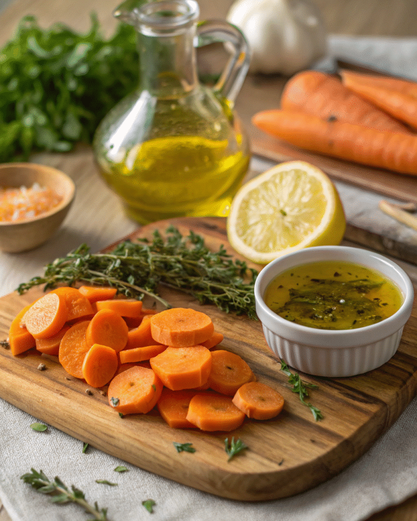 Carrot Ribbon Salad: A Colorful Crunch for Your Table 6 Fresh carrot salad ingredients including lemon and herbs