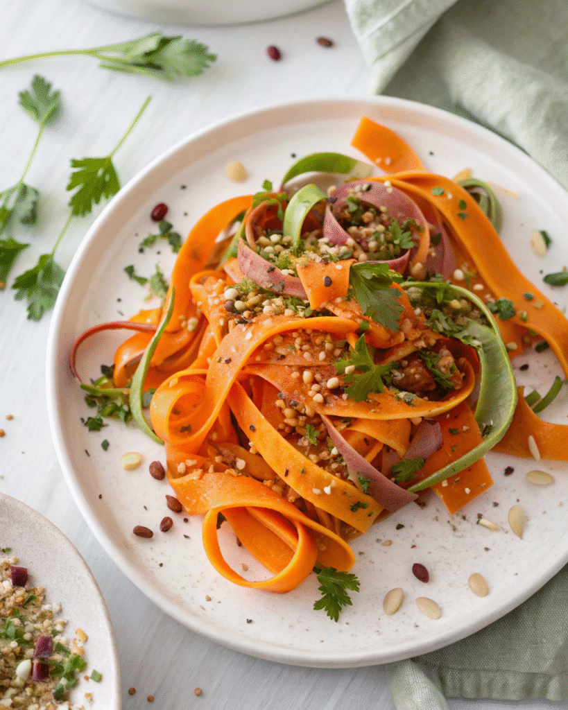 Carrot Ribbon Salad: A Colorful Crunch for Your Table 8 Final carrot ribbon salad served with herbs and seeds