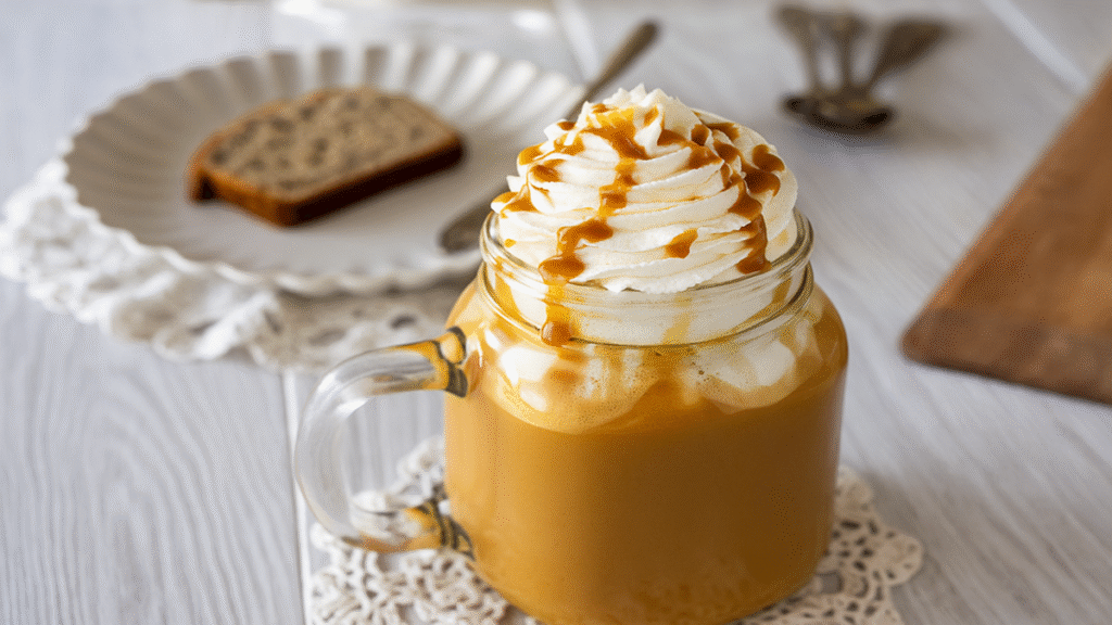 Banana bread latte in a mug with cinnamon foam