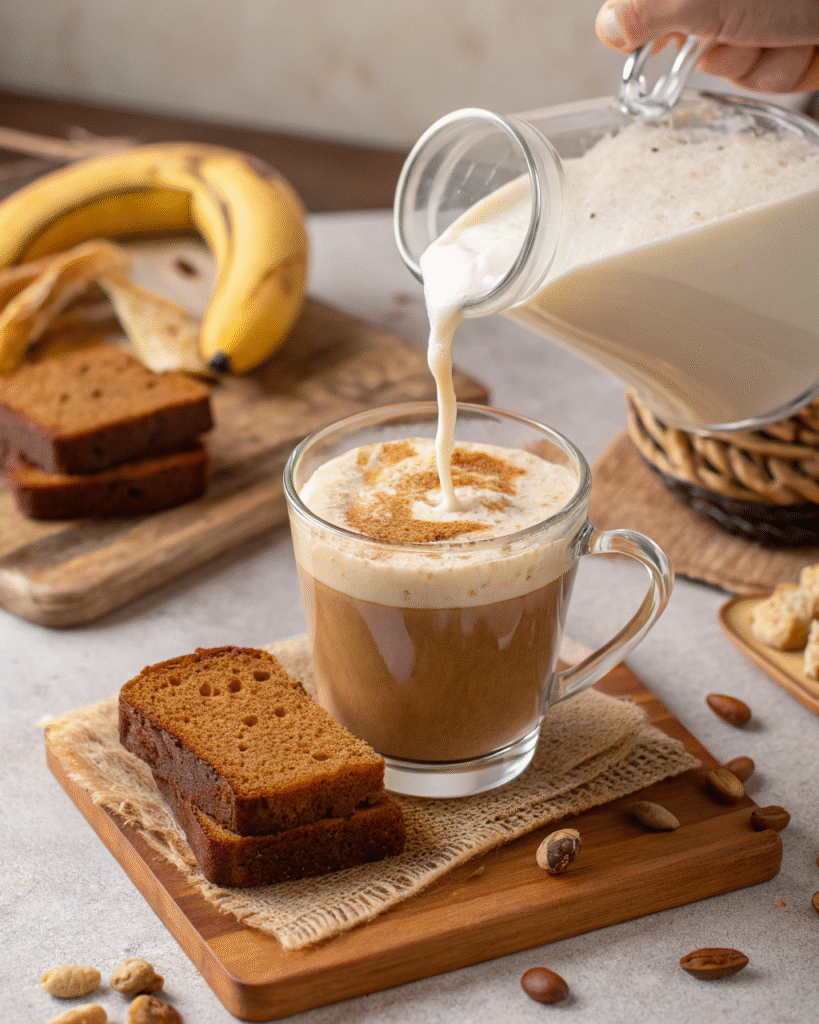 Banana Bread Latte: Your New Favorite Comfort Drink 8 Frothed banana bread latte pouring into mug
