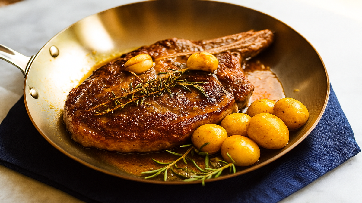 Bone in ribeye steak grilled to perfection on a wooden board