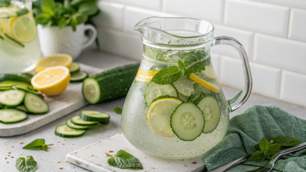 Refreshing cucumber lemon water in glass pitcher on kitchen counter